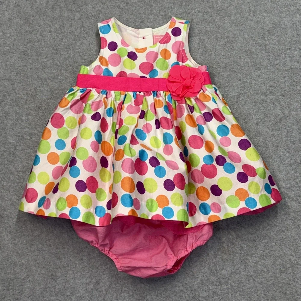 PLACE‎ Sundress Girls 3-6 Months Multicolor Polka Dot Lined Ruffle Poplin